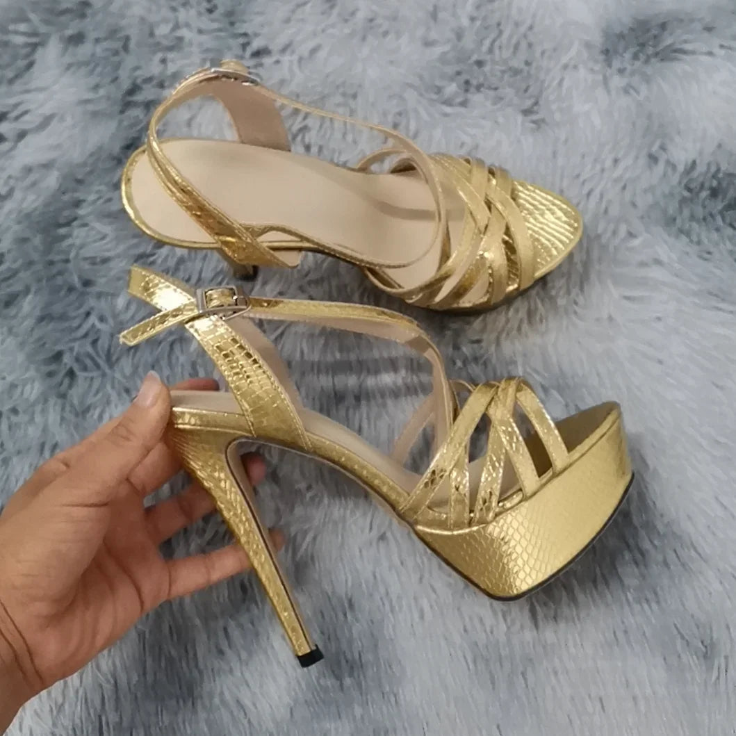 LOSLANDIFEN 2026 NEW 14CM Open Toe Platform High Heels Snake Pattern Sandals Sexy Ankle Strap Gladiator Party Dress Women Shoes