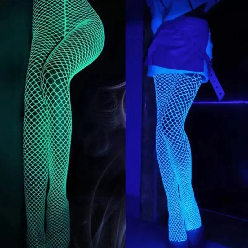 New Night Fluorescent Women's Long Socks Fishnet Body Stockings Curve Lingerie Mesh Fabric High Waist Sex Tights Sexy Bodysuits