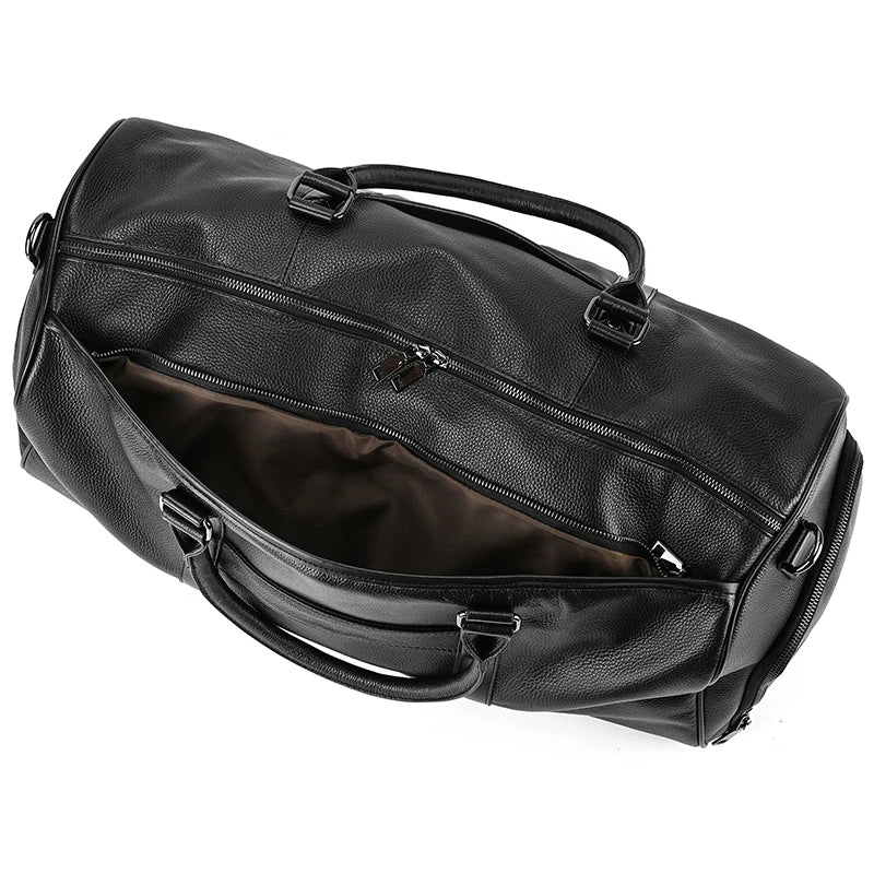 Big Capacity Genuine Leather Travel Bag For Men Women Soft Black Cowhide Casual Travel Duffel Large Luggage Weekend Shoulder Bag