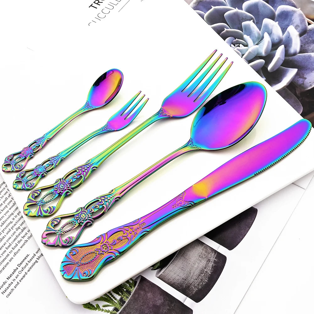 Stainless Steel Cutlery Set Knife Tea Fork Ice Cream Spoon Tableware Set Western Kitchen Flatware Rainbow Vintage Dinnerware Set