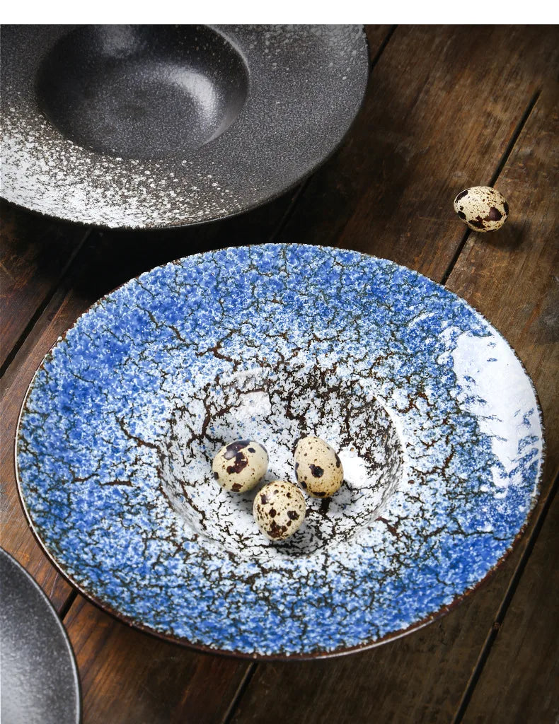 Italian Straw Hat Plate Commercial Italian Noodle Western Salad Plate Japanese Vintage Ceramic Plate UFO Round Deep Soup