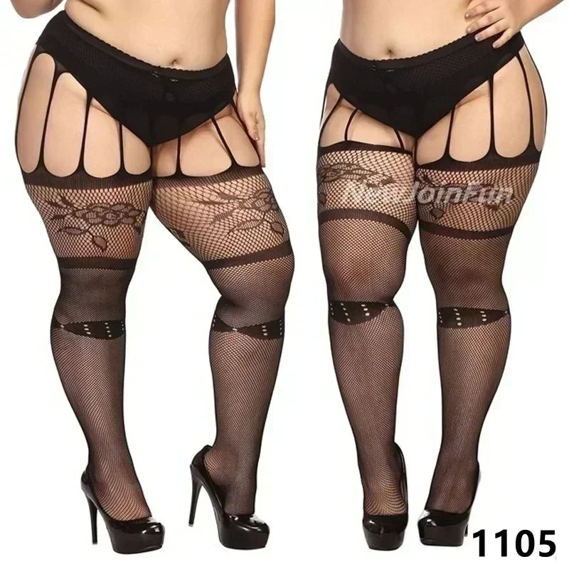 FREEAUCE Women Large Plus Size Stockings with Anti-slip Oversized Lace XXXL Thigh High Sheer Fishnet Black Long Knee Socks