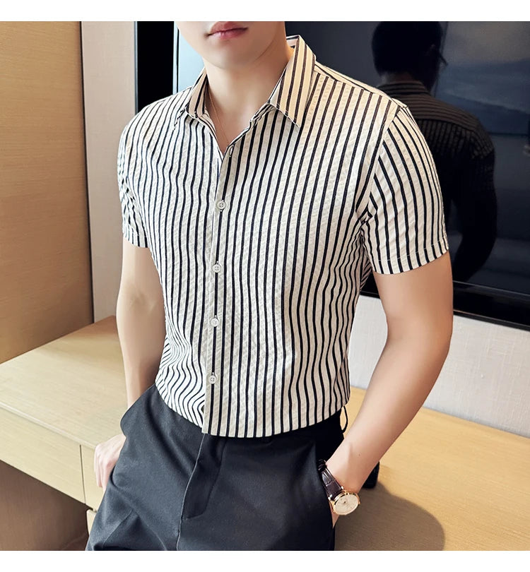 Men Striped Shirt 2026 Summer Light and Thin Breathable Sweat Absorbing Short Sleeved Slim Fit Casual Pleated Shirt Men Clothing