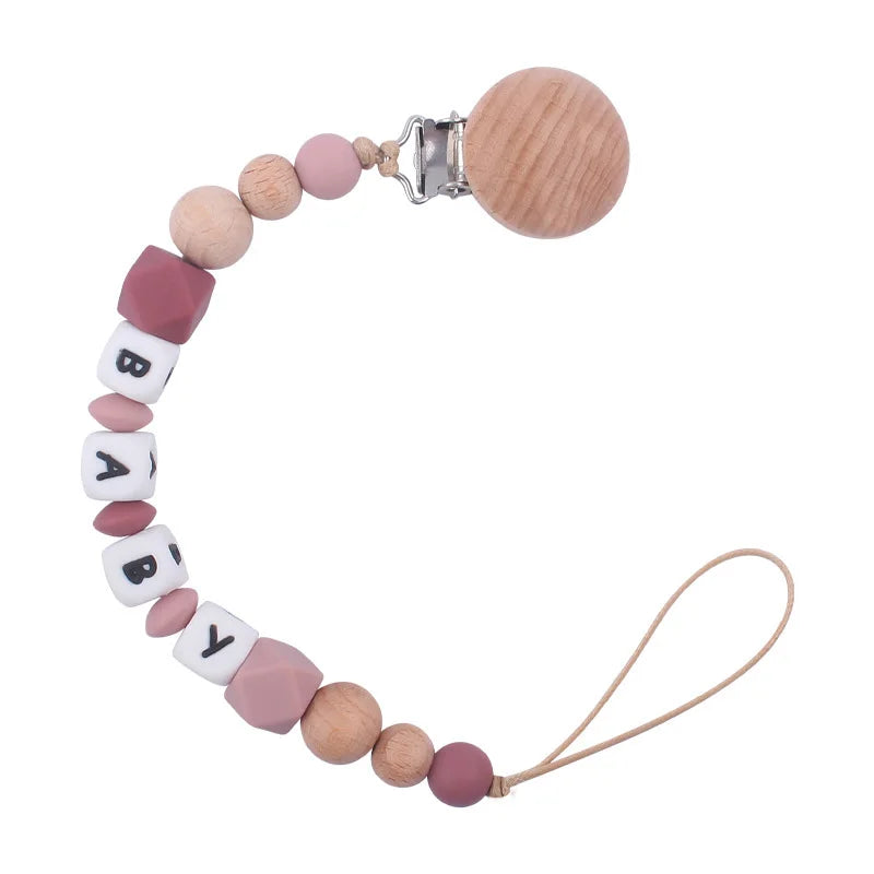 Custom Personalized Name Pacifier Holder Chain Handmade Beech Wooden Clip Cilicone Teether Baby Teething Toy Newborn Chew Gift