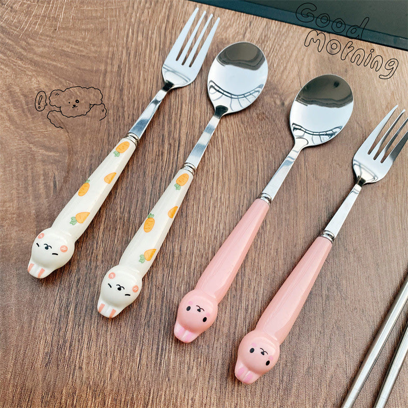 Cutlery Cartoon Rabbit Spoon Fork Chopsticks Sets Portable Lunch Tableware Stainless Steel Travel Dinnerware Kitchen Supplies
