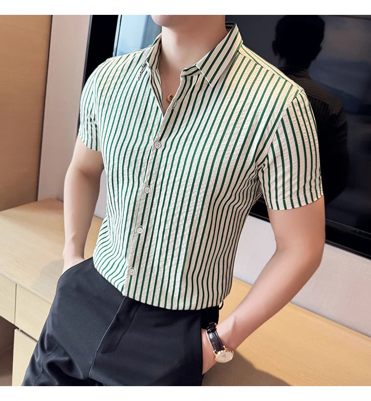 Men Striped Shirt 2026 Summer Light and Thin Breathable Sweat Absorbing Short Sleeved Slim Fit Casual Pleated Shirt Men Clothing