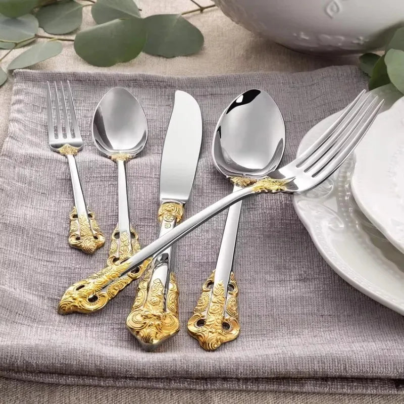 24/30pcs Vintage Cutlery Set Luxury Stainless Steel Flatware Set Forks Knive Spoons Tableware Set Kitchen Utensils