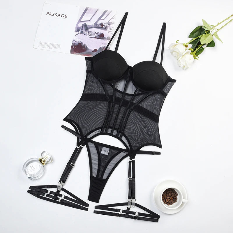 MUZISKAT Mesh  Lingerie Luxury Brand Bodysuit Backless Tops for Women 3 Piece Lingerie Set with Garter Sexydresses for Women