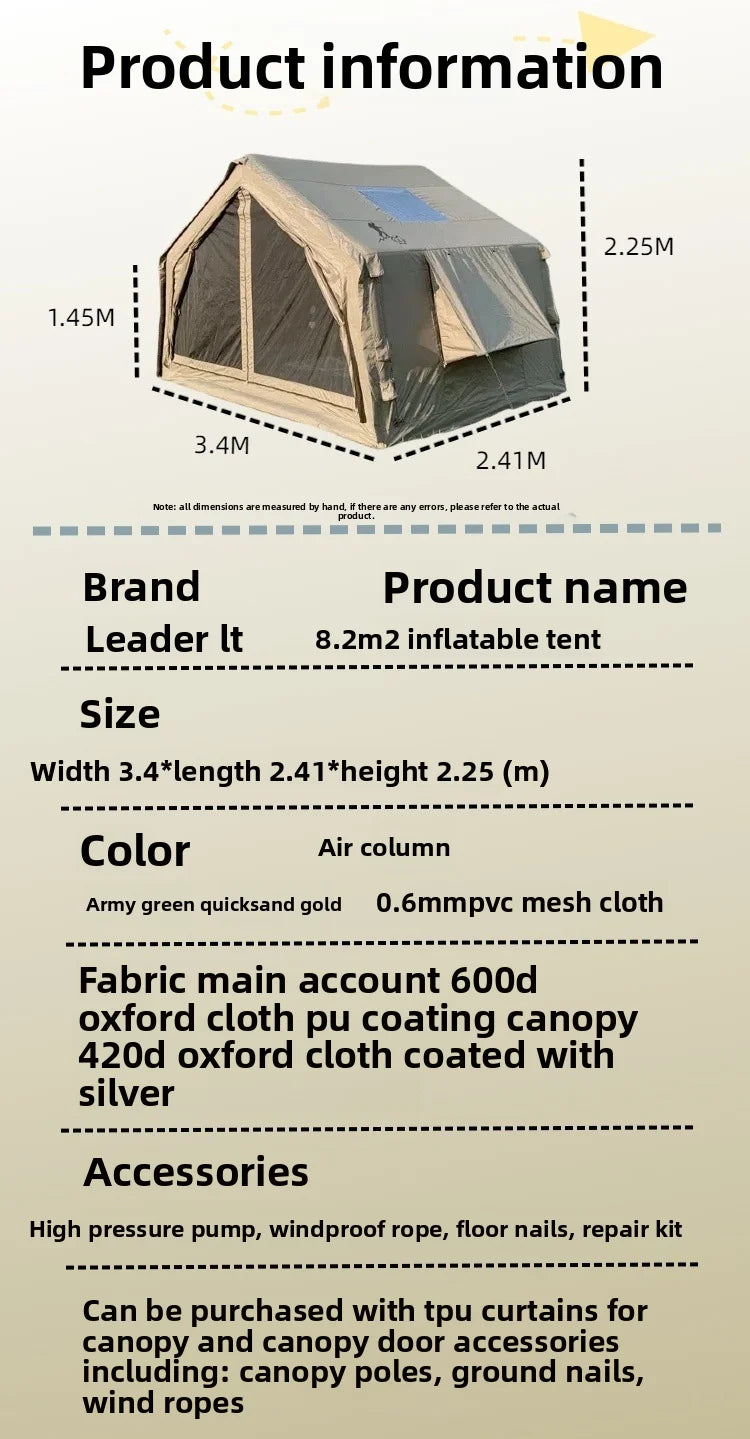 Air Tent, Inflatable Camping, Outdoor Fabric, Portable Inflatable Tent, Large High-quality House Tent，8.2 Square Meters