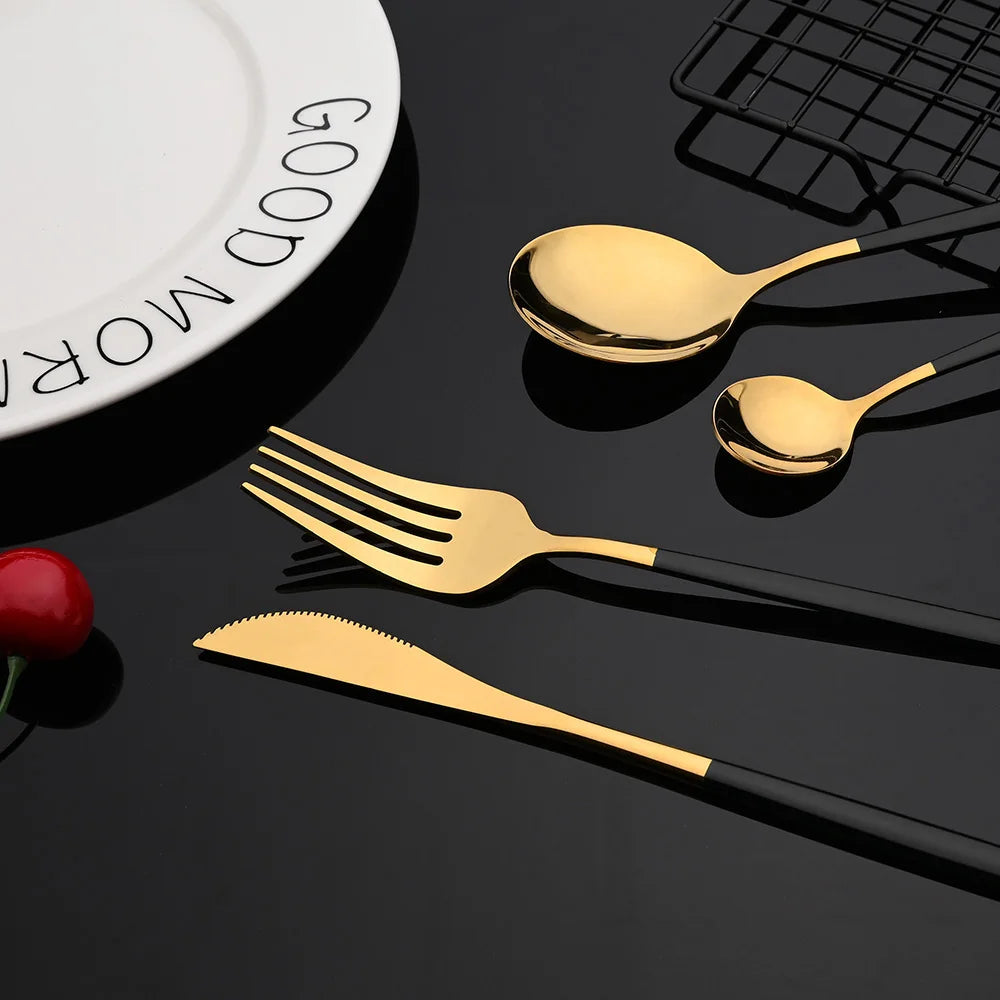 Black Gold Korean Tableware Set 15-20Pcs Luxury Cutlery Set Stainless Steel Dinnerware Knife Fork Spoon Chopsticks Cutlery Set