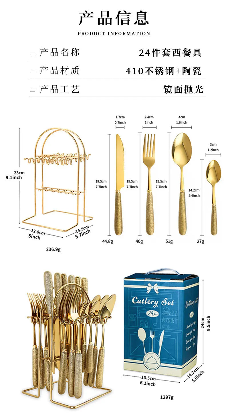 24 Pcs Stainless Steel Cutlery Hammer Pattern Ceramic Handle Knife Fork Spoon Set cutlery set travel cutlery set flatware set