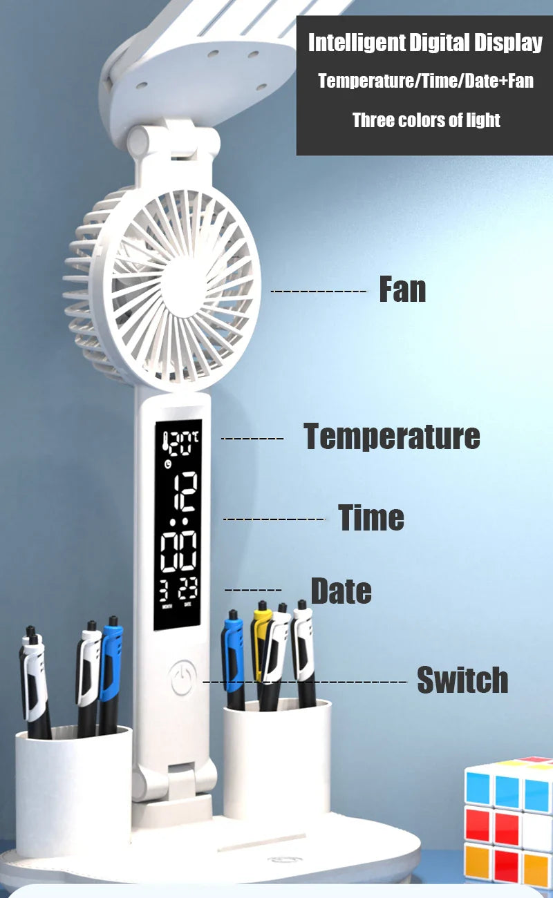 3in1 Multifunction Table Lamp LED Four-headed Folding With Fan Calendar Clock USB Rechargeable Desk light 3 color Reading Lamp