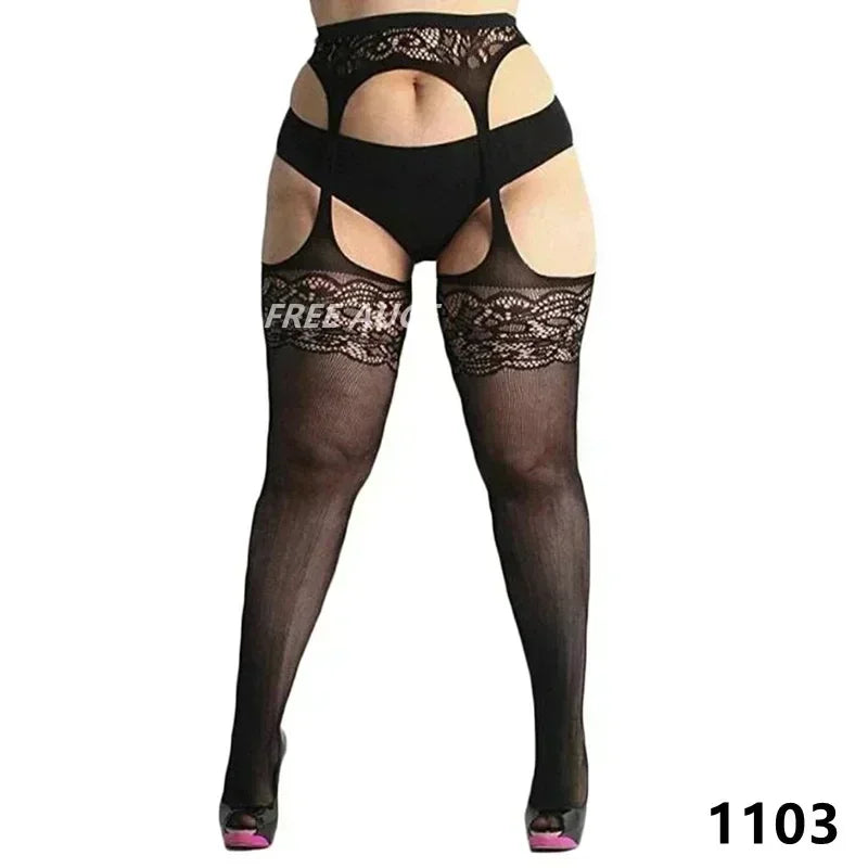 FREEAUCE Women Large Plus Size Stockings with Anti-slip Oversized Lace XXXL Thigh High Sheer Fishnet Black Long Knee Socks