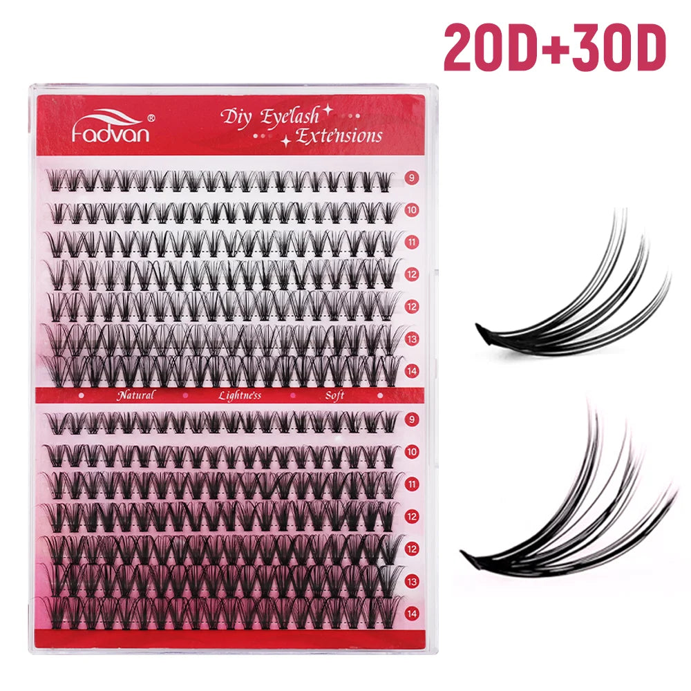 FADVAN Lashes 14 Row 30D+40D Cluster Lashes Upper Lower 0.07 D Mix10-16  Segmented Extens ion DIY