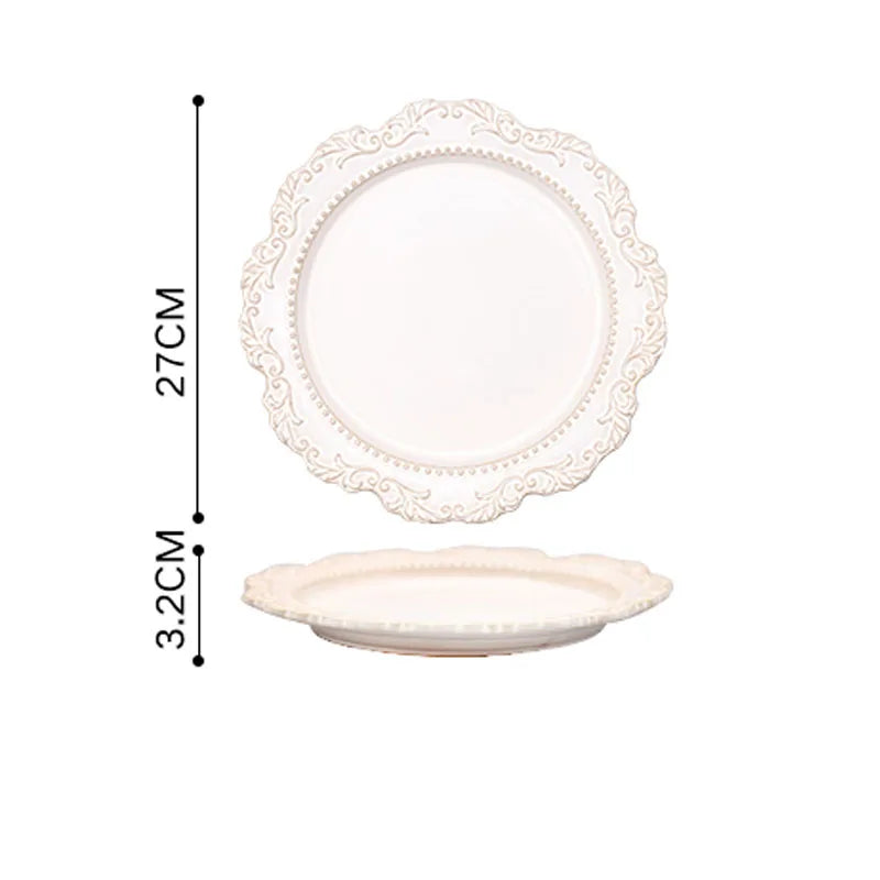 French Baroque Vintage Relief Dinner Plate Nordic Vintage Solid Color Carving Craft Dishes and Plates Sets Household Kitchenware