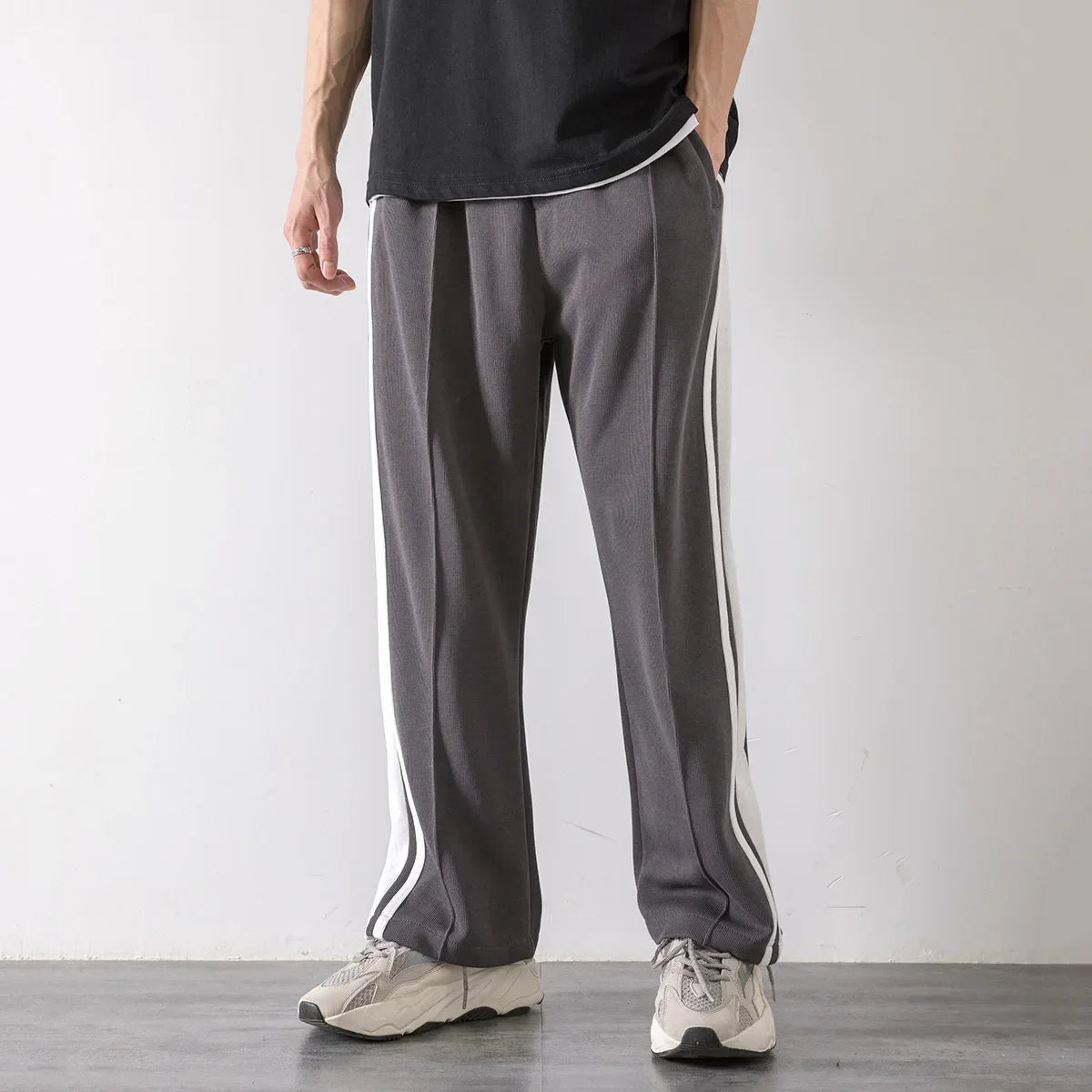 Korean Clothes Joggers Basketball Pants Punk Mens Clothing Loose Stripe Drop Straight Trend Casual Trousers Stacked Sweatpants