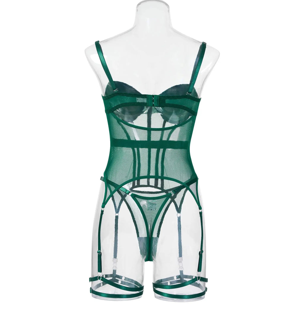 MUZISKAT Mesh  Lingerie Luxury Brand Bodysuit Backless Tops for Women 3 Piece Lingerie Set with Garter Sexydresses for Women