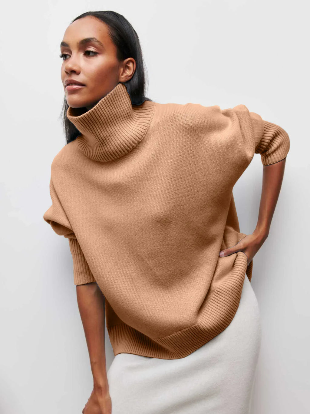 Original Light Luxury O-neck Knit Sweater Autumn and Winter Women's Elegant Loose Mock Neck Solid Color Warm Outerwear Sweater