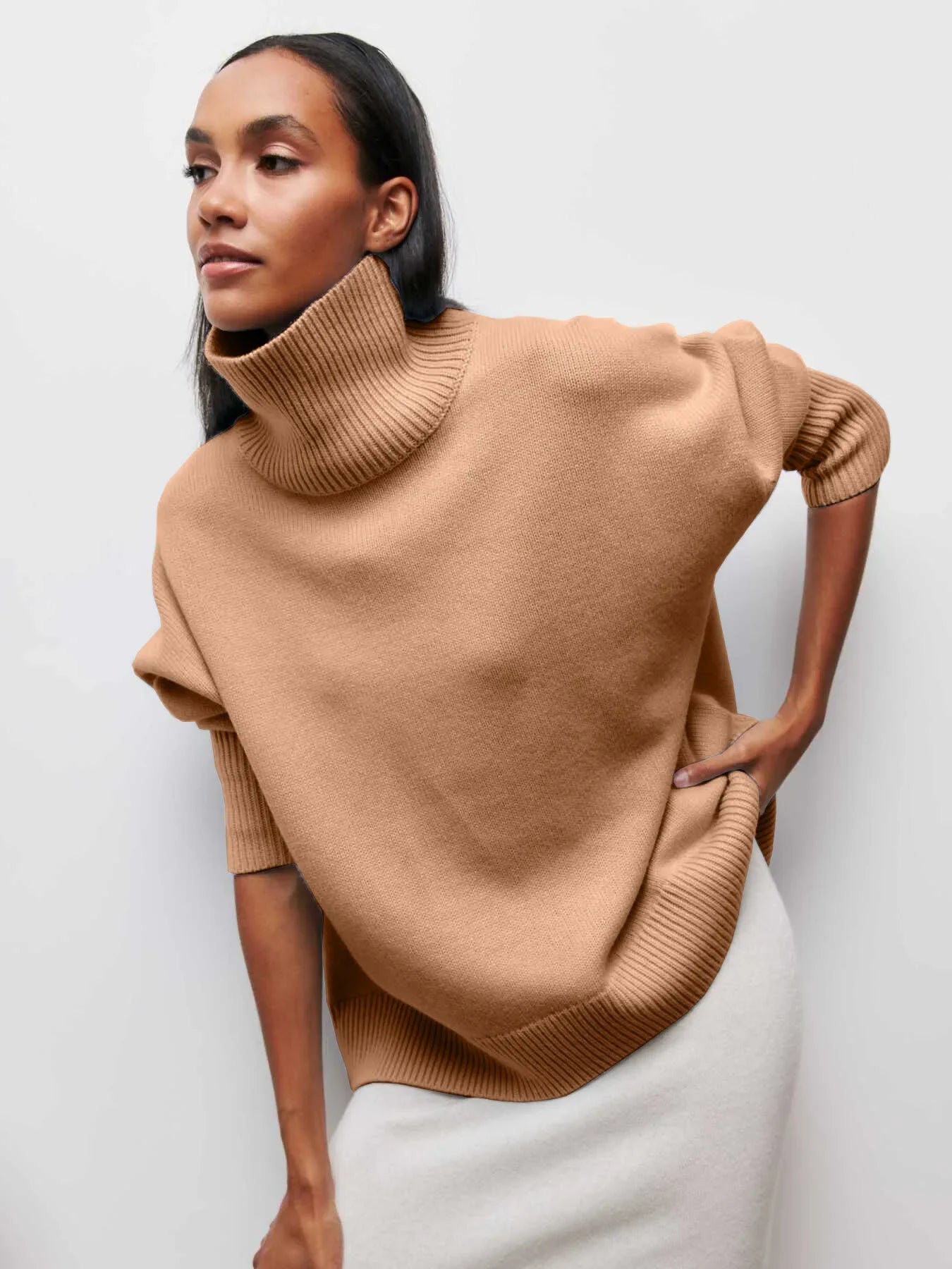 Original Light Luxury O-neck Knit Sweater Autumn and Winter Women's Elegant Loose Mock Neck Solid Color Warm Outerwear Sweater