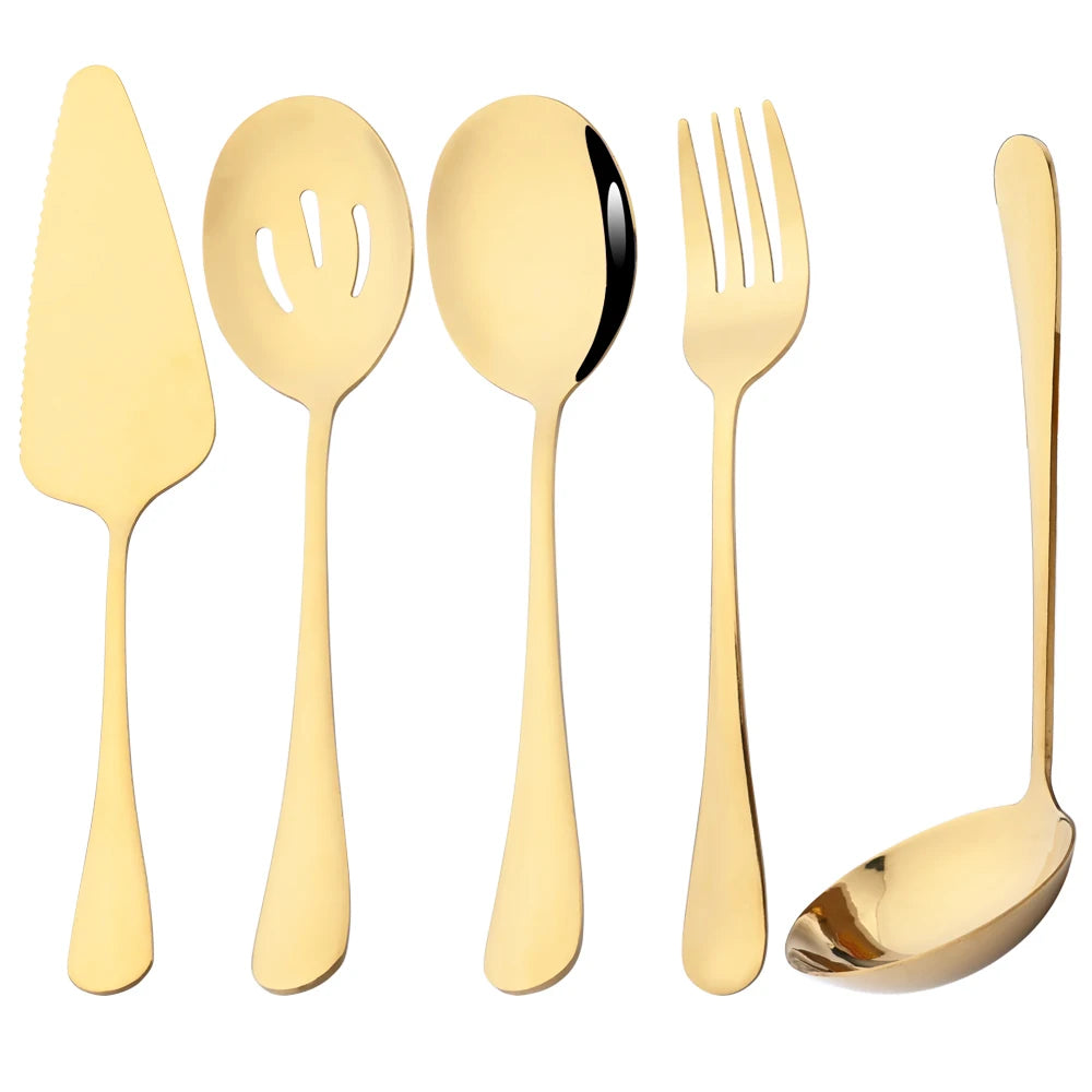 Drmfiy 5/7Pcs Black Cutlery Serving Utensils Dinnerware Set Buffet Catering Flatware Serving Colander Spoons Fork Silverware Set