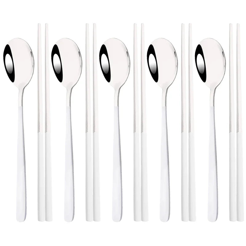 304 Stainless Steel Cutlery Set Sushi Sticks Dinner Spoons Set 10Pcs Dinnerware Korean Chopsticks Dessert Spoon Flatware Set