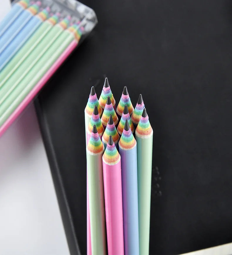 12 Rainbow Paper Pencil Set Children's Writing and Painting HB Professional Art Sketch Comic Pen Office School Supplies