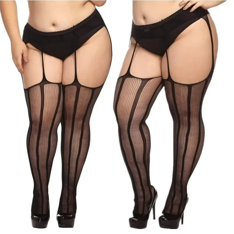 Lace Knee Thigh High Elastic Fishnet Stockings Sexy Transparent Thin Black Stocking White Plus Size Long Socks for Women Summer