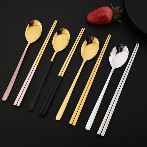 304 Stainless Steel Cutlery Set Sushi Sticks Dinner Spoons Set 10Pcs Dinnerware Korean Chopsticks Dessert Spoon Flatware Set