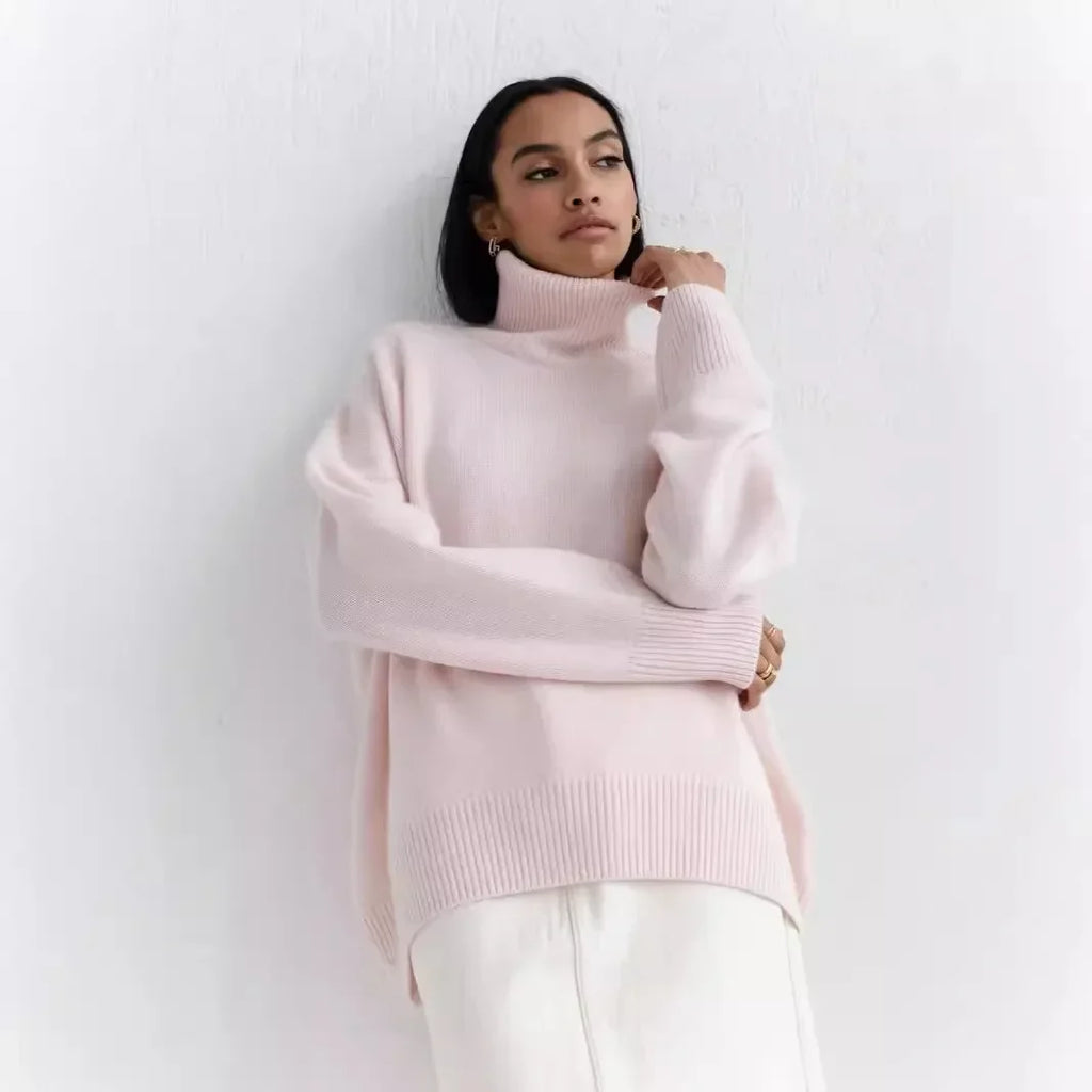 Original Light Luxury O-neck Knit Sweater Autumn and Winter Women's Elegant Loose Mock Neck Solid Color Warm Outerwear Sweater