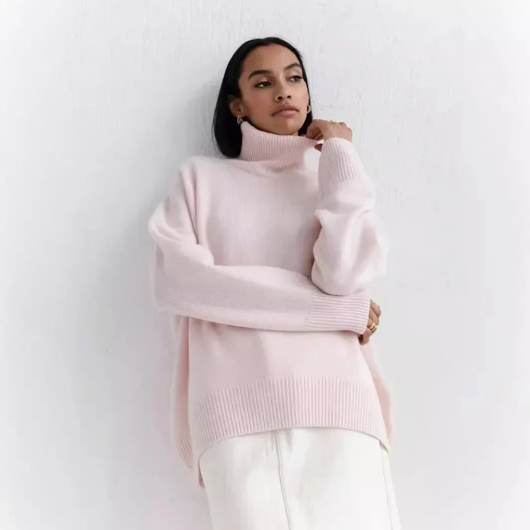 Original Light Luxury O-neck Knit Sweater Autumn and Winter Women's Elegant Loose Mock Neck Solid Color Warm Outerwear Sweater