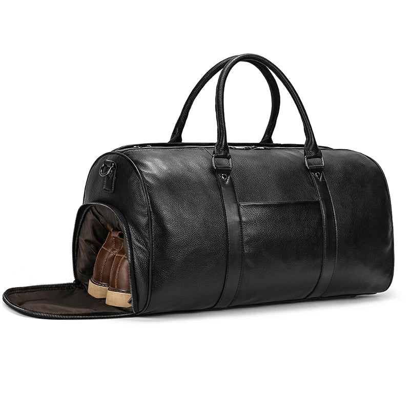 Big Capacity Genuine Leather Travel Bag For Men Women Soft Black Cowhide Casual Travel Duffel Large Luggage Weekend Shoulder Bag