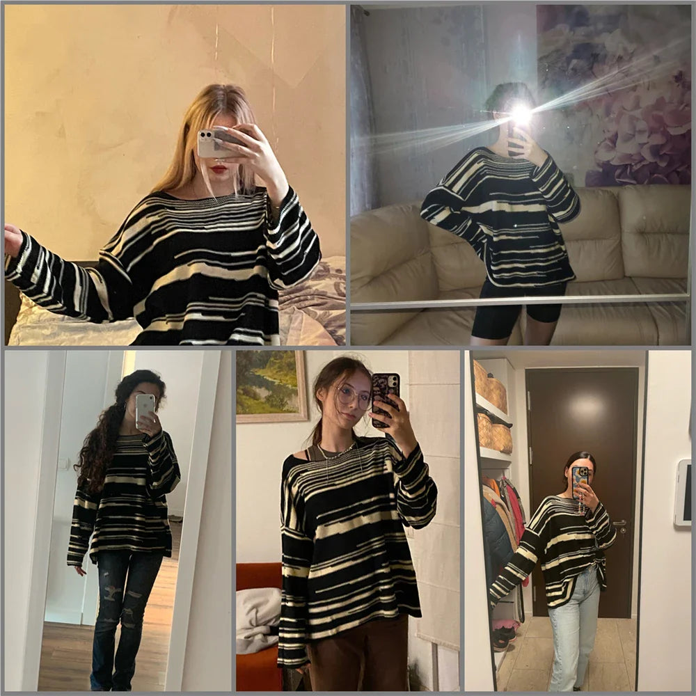 LMQ NEW Women Punk Gothic Striped Long Sleeve Loose Patchwork Sweater Hip Hop Retro Oversize Pullover Casual Knitted Jumpers