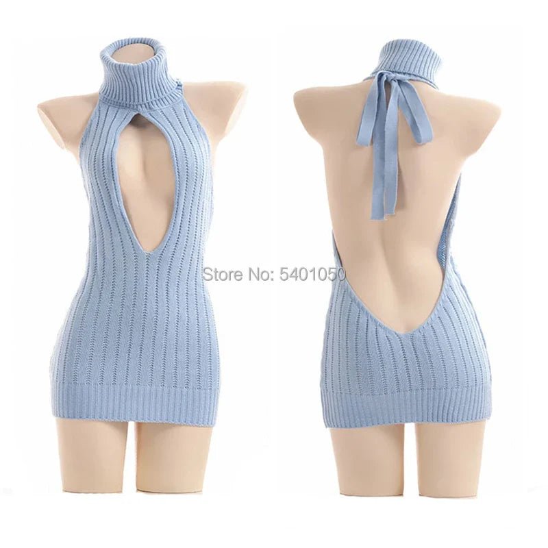 Sexy Open Chest Sweaters  Black Halter Knitted Sweater White Sexy Pullover Women Tops Slim V Neck Long Sleeve Femme