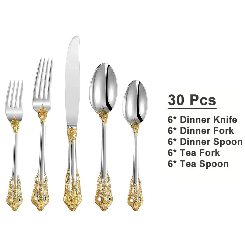 24/30pcs Vintage Cutlery Set Luxury Stainless Steel Flatware Set Forks Knive Spoons Tableware Set Kitchen Utensils