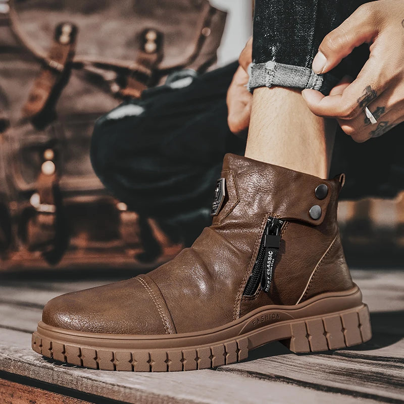 Fashion Mens Ankle Boots British Style High Top Casual Shoes Outdoor Walking Shoes Non-slip Work Boots Comfortable Leather Boots