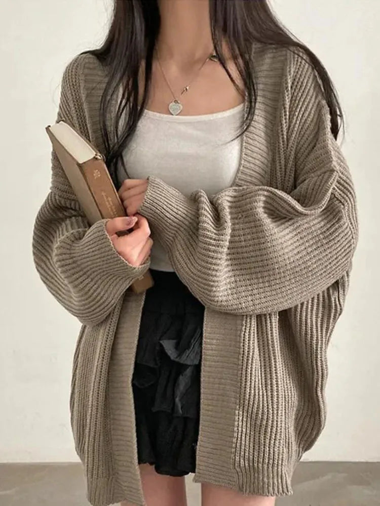 Zoki Harajuku Oversize Cardigan Sweater Women Casual Loose Lazy Wind Korean Tops Vintage Long Sleeve Lady Simple Design Cardigan