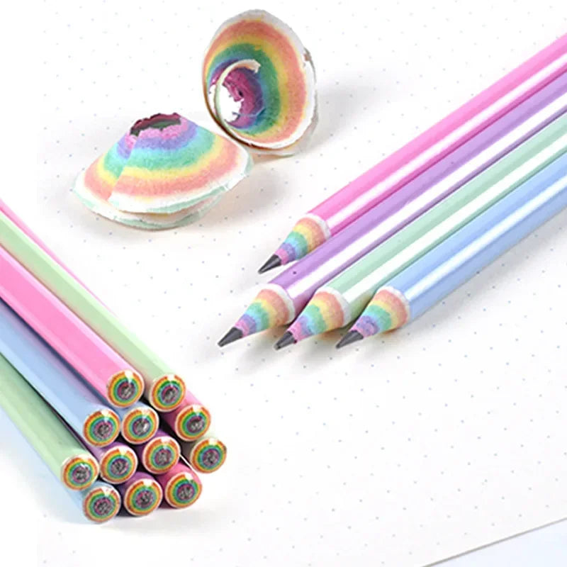 12 Rainbow Paper Pencil Set Children's Writing and Painting HB Professional Art Sketch Comic Pen Office School Supplies