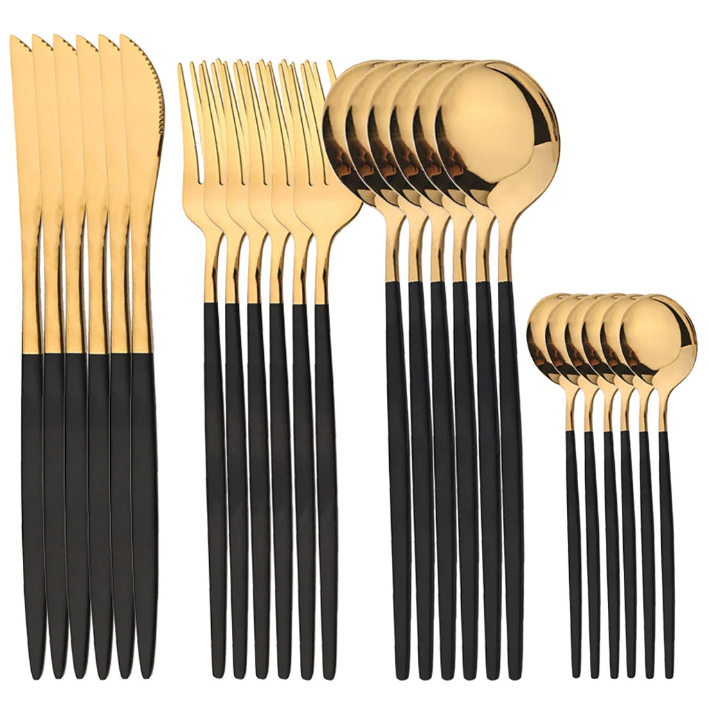 24Pcs Gold Tableware Sets Stainless Steel Cutlery Knife Tea Fork Coffee Spoon Flatware Dishwasher Safe Dinner Kitchen Dinnerware