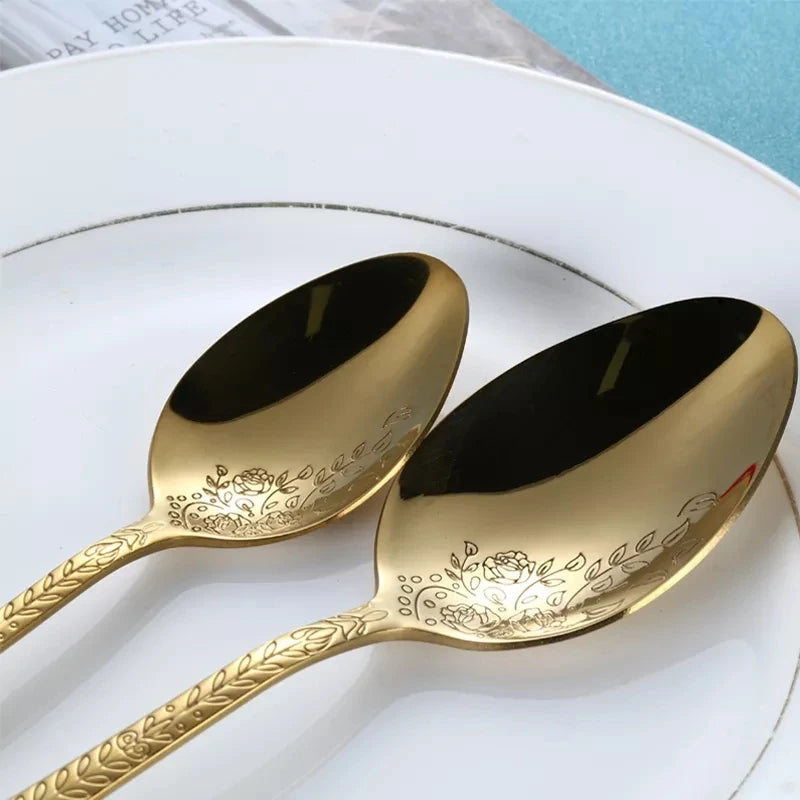 High Quality Cutlery Set Handle Exquisite carving Stainless Steel Golden Tableware Knife Fork Spoon Flatware Set Silverware Set