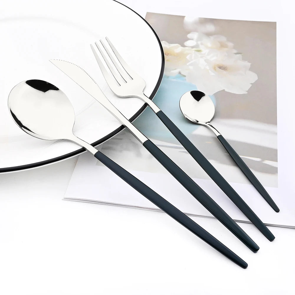 Drmfiy Pink Silver Stainless Steel Dinnerware Set Fork Knife Soup Ice Spoon Cutlery Set Western Flatware Kitchen Silverware Set