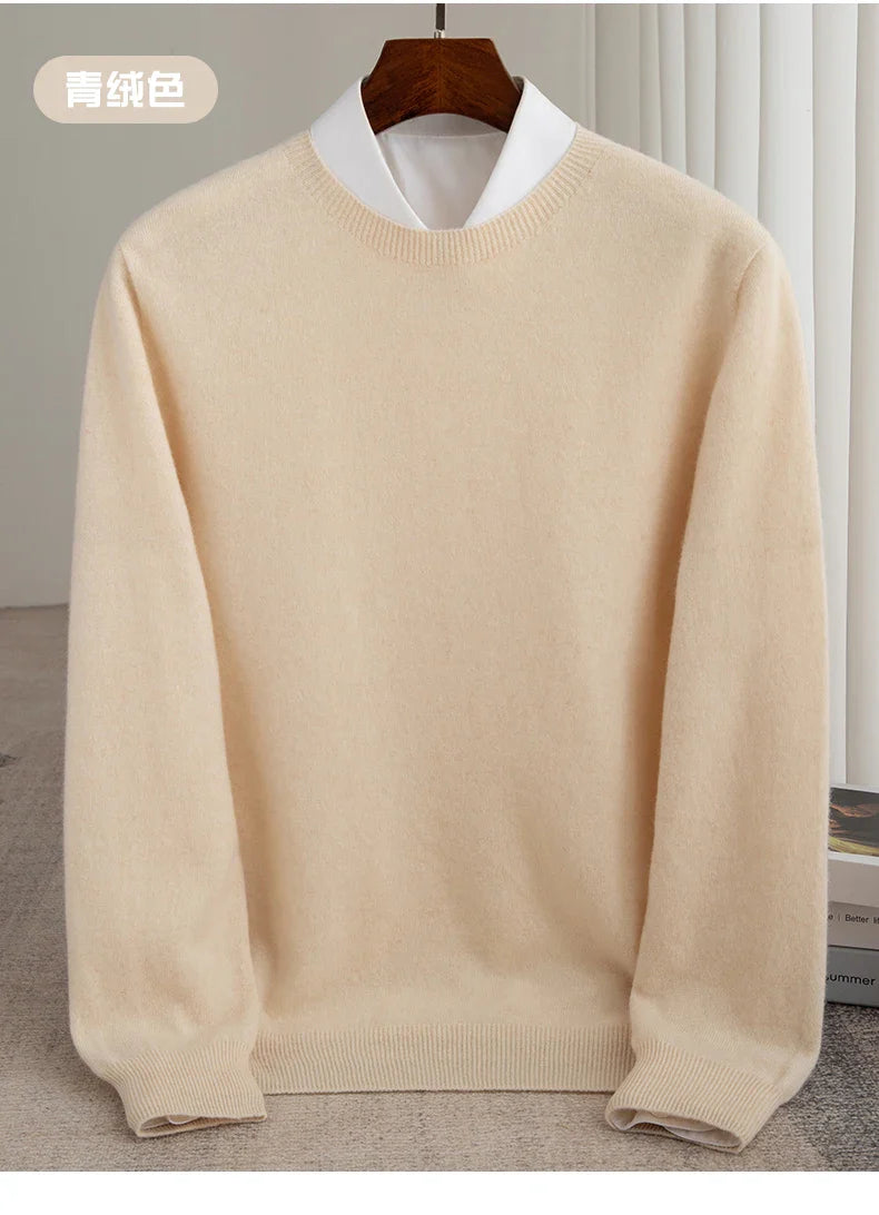 Autumn And Winter 100% Pure Wool Men's Thick Round Neck Slim-Fit  O-neck Pullover Long-Sleeved Knitted Cashmere Sweater
