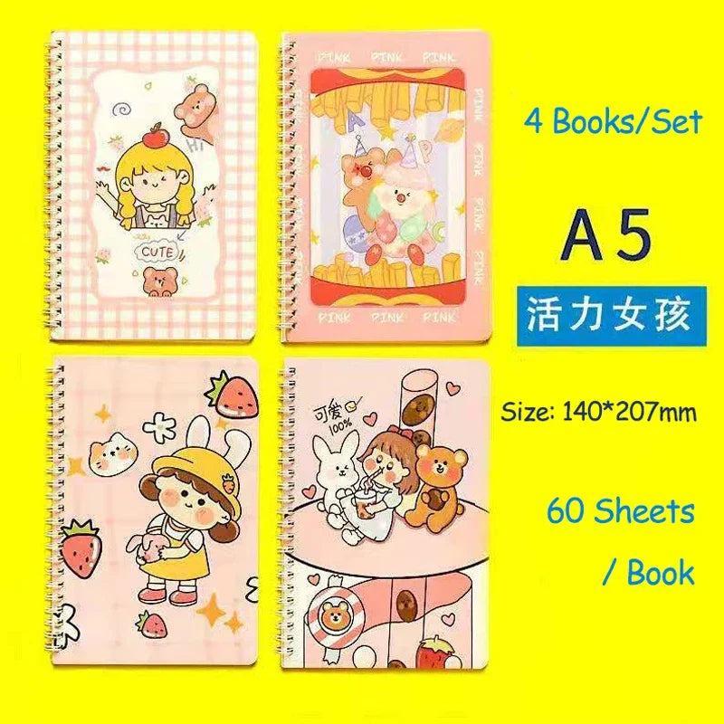 4 Books/Set A5 Coil Lined Notebook High Quality Kawaii Korean Stationery Cute School Supplies for Students
