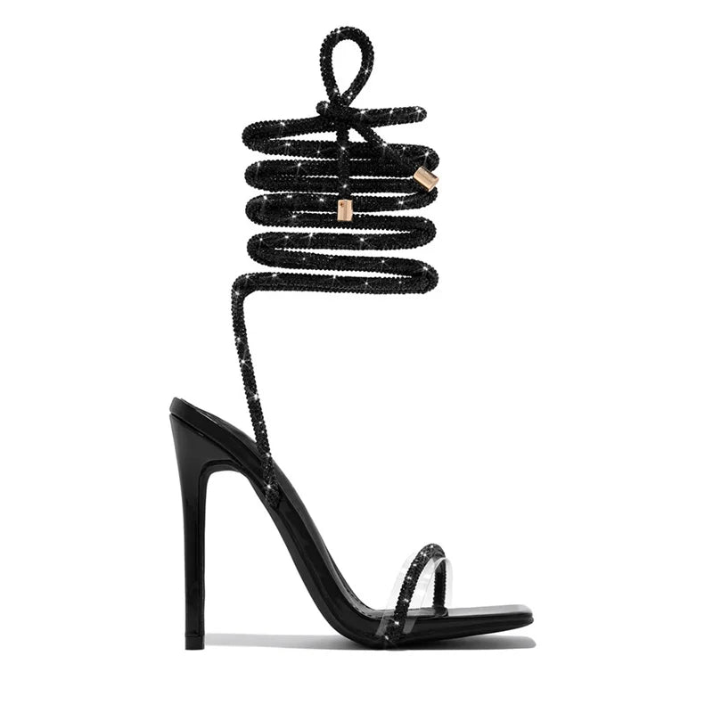 Liyke Fashion Glitter Rhinestones Women Sandals Crystal Ankle Strap High Heels Party Prom Shoes Lady Wedding Stiletto Sandalias
