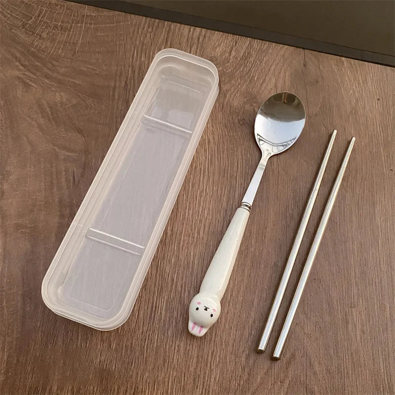 Cutlery Cartoon Rabbit Spoon Fork Chopsticks Sets Portable Lunch Tableware Stainless Steel Travel Dinnerware Kitchen Supplies
