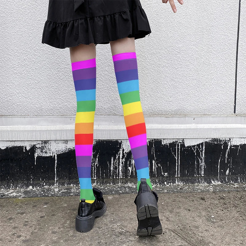 Fun rainbow striped stockings women's sexy fashion multicolor thigh high stockings Harajuku Kawaii girl romantic socks gift