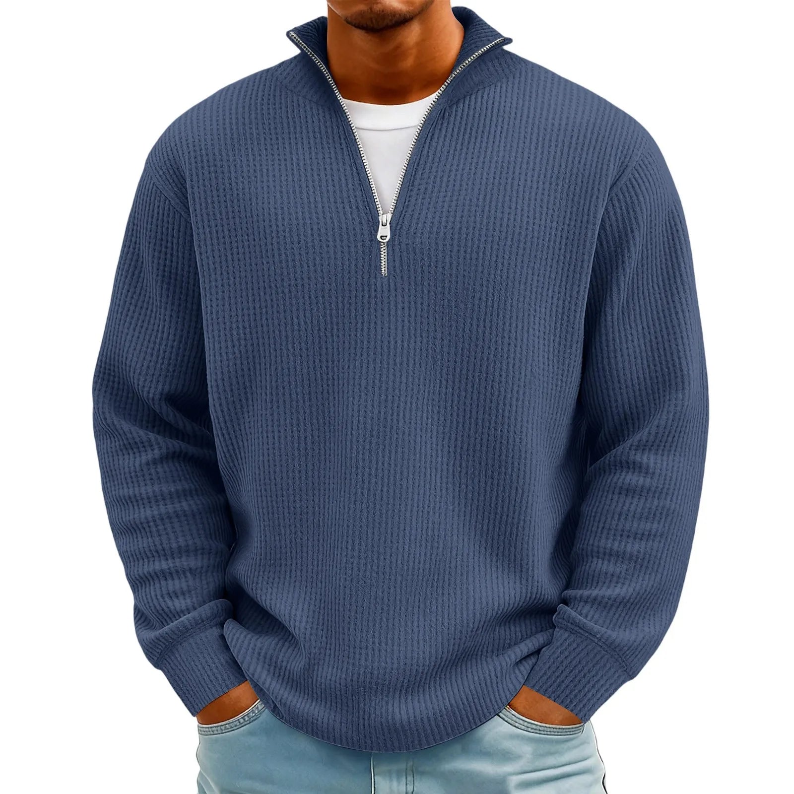 New Sweatshirts For Men Spring Waffle Long-sleeved T-shirt Men's Casual Loose Zipper Polo Collar Tees Tops Man Outwear