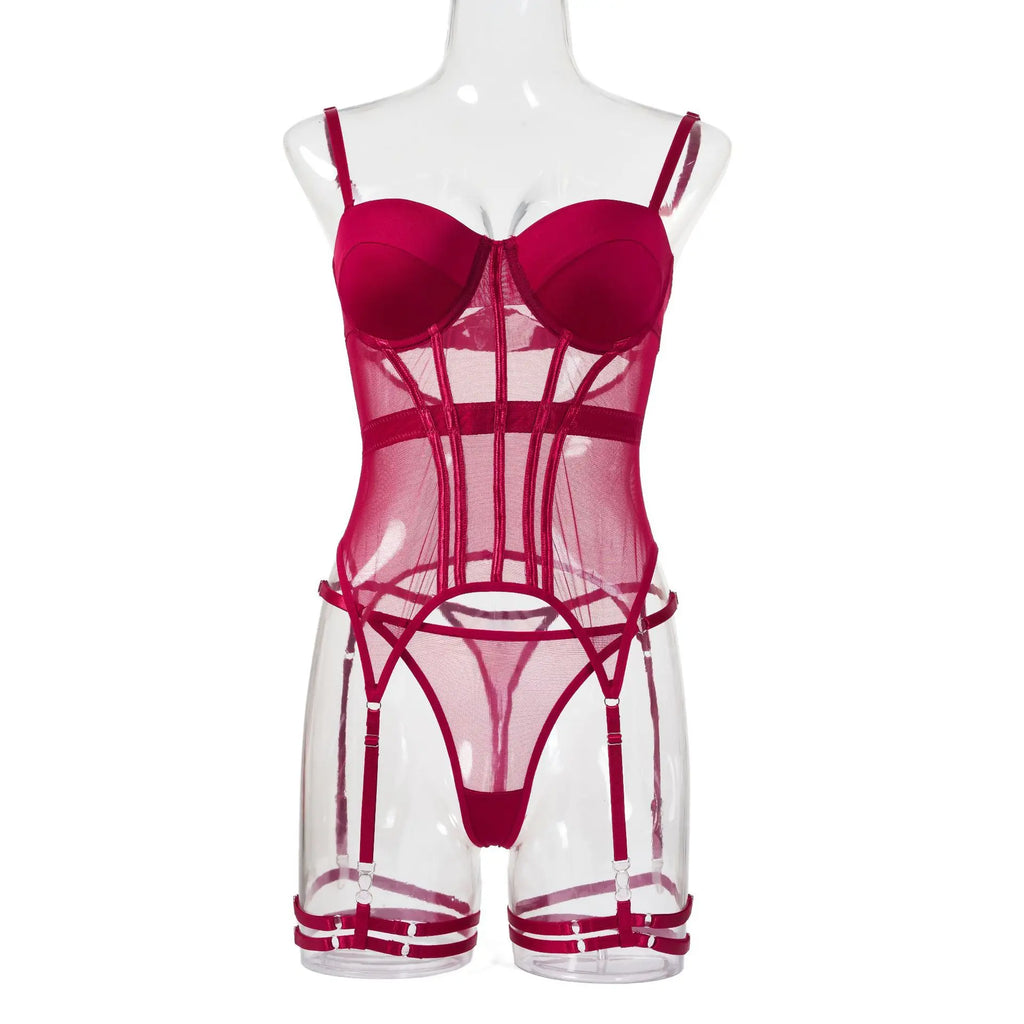 MUZISKAT Mesh  Lingerie Luxury Brand Bodysuit Backless Tops for Women 3 Piece Lingerie Set with Garter Sexydresses for Women