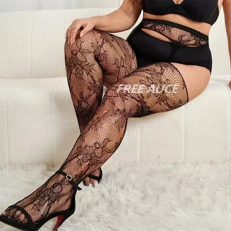 FREEAUCE Women Large Plus Size Stockings with Anti-slip Oversized Lace XXXL Thigh High Sheer Fishnet Black Long Knee Socks