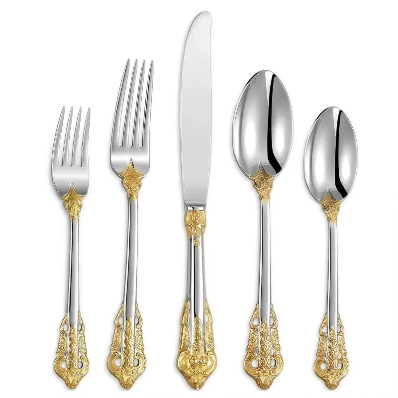 24/30pcs Vintage Cutlery Set Luxury Stainless Steel Flatware Set Forks Knive Spoons Tableware Set Kitchen Utensils