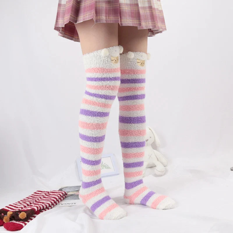 Women Girl Cute Winter Striped Coral Velvet Long Socks Warm Thicke Knee Length Socks Cute Bear Fox Sheep Home Towel Stockings